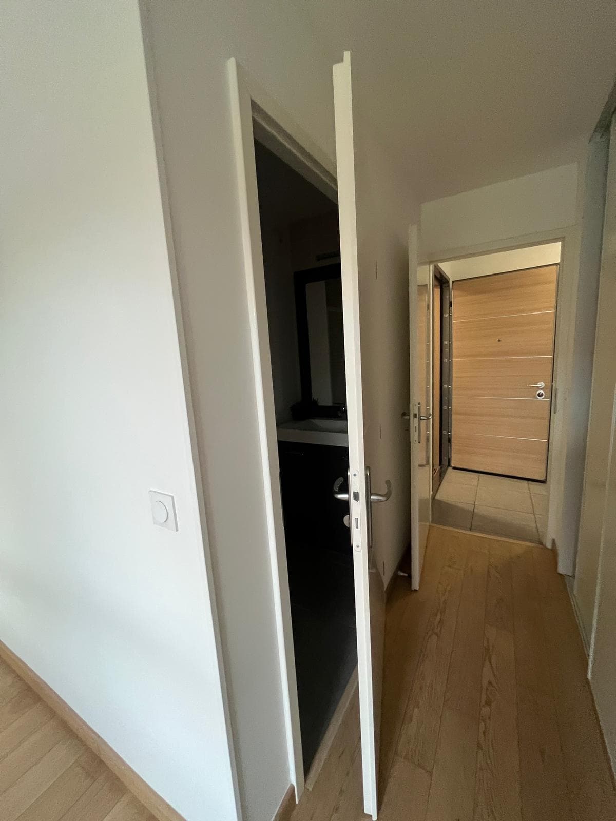 Couloir avec vue sur la salle de bain et porte d'entrée blindée